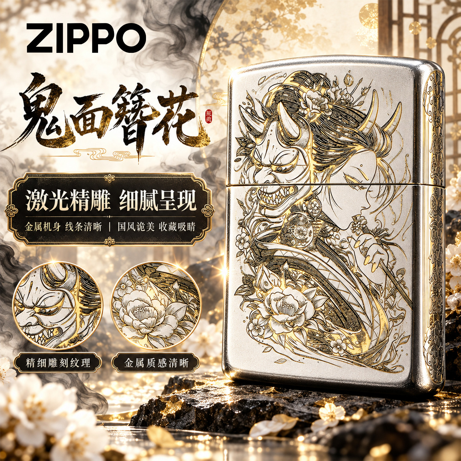 ZIPPO正品银色打火机 鬼面簪花四面精雕国风煤油防风火机收藏送礼