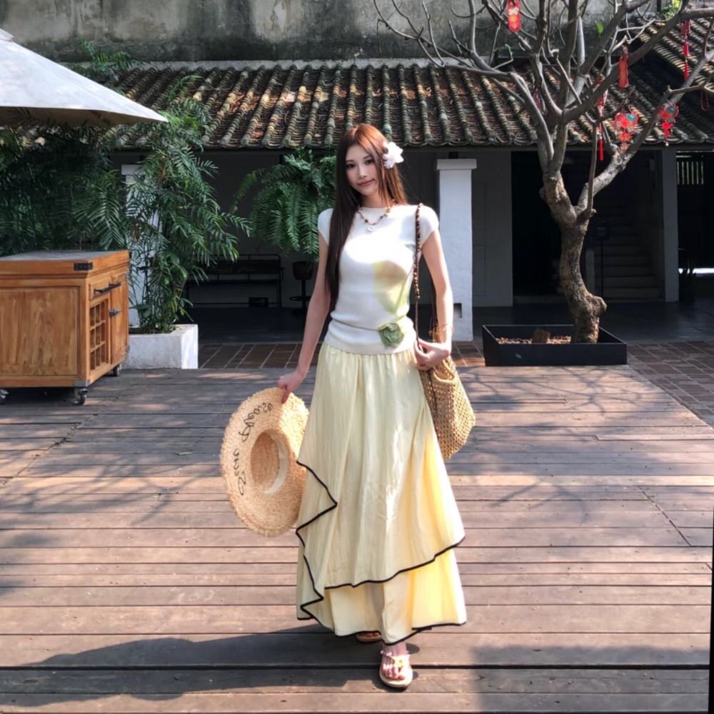 绝美套装女夏季印花高领针织衫短袖上衣不规则a字半身裙一整套装