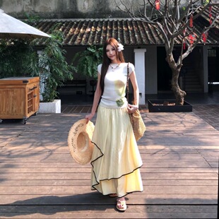 绝美套装女夏季印花高领针织衫短袖上衣不规则a字半身裙一整套装