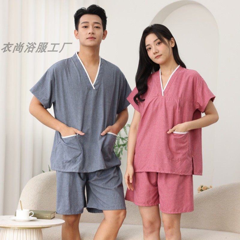 高档纯棉汗蒸服女款情侣套装男浴服洗浴中心按摩服足疗桑拿家居服