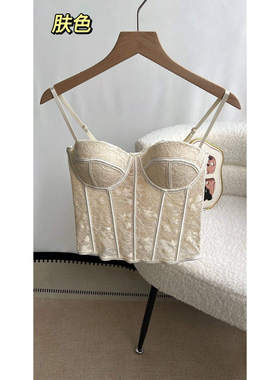 纯欲辣妹蕾丝拼接带胸垫鱼骨吊带抹胸上衣女春秋修身短款无袖背心