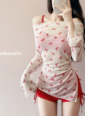 胖mm性感大码分体泳衣女三件套多巴胺高级感长袖遮肉显瘦宽松罩衫