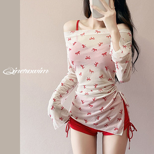 胖mm性感大码分体泳衣女三件套多巴胺高级感长袖遮肉显瘦宽松罩衫