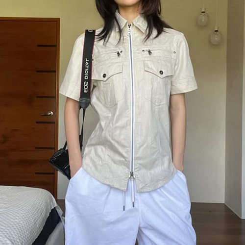 美式街头复古工装风口袋排扣翻领