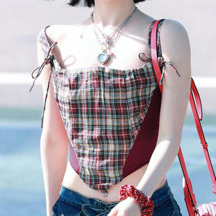 Red Cinched Vintage Tie Cami Plaid 红色复古格纹绑带收腰背心
