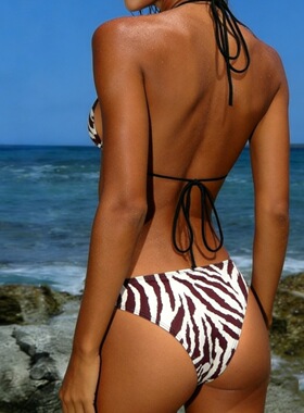 Backless strap bikini欧美辣妹风海滩度假斑马纹印花比基尼套装