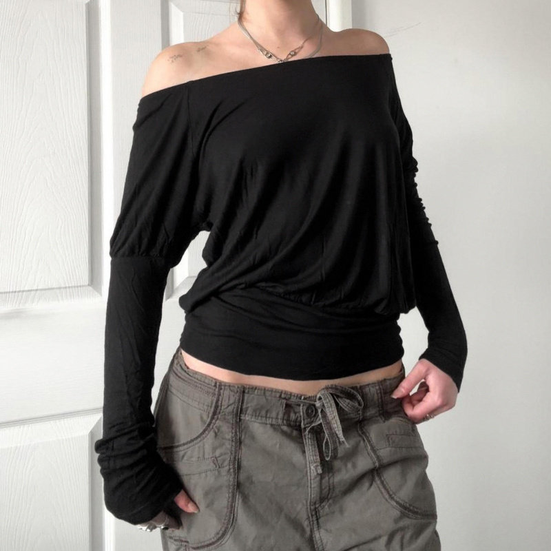 Fitted base shirt long sleeve简约风美式辣妹一字领纯色上衣女