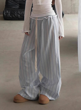条纹系带木耳边梭织直筒裤 Stripe Tie Ruffle Straight Pants