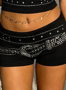 Casual three-quarter pants夏季美式街头朋克风烫钻低腰露脐短裤