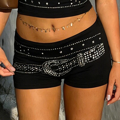 美式街头朋克风烫钻低腰露脐短裤