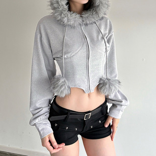 Hooded Fur Sweatshirt Faux 复古秋冬毛毛拼接毛领连帽卫衣