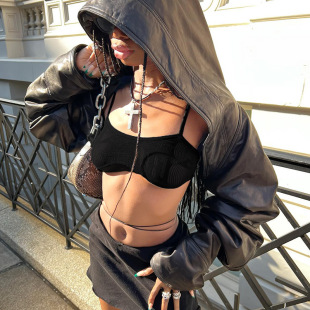Black Leather Hooded Crop Jacket Moto 黑色连帽机车短皮夹克