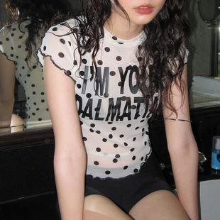 Letter Mesh Sheer 字母印花网纱T恤 Neck Dot Round Tee Polka