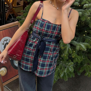 Backless 复古春夏格纹蝴蝶结系带露背吊带 Tie Bow Cami Plaid