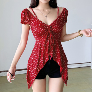 Dot Polka Off Shoulder Tee 波点一字领露肩褶皱T恤 Pleated Red