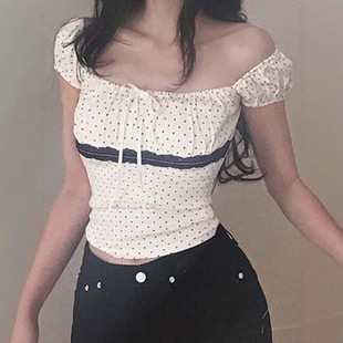 Dot Polka Lace Square Tee 夏季 Neck 街头辣妹波点蕾丝方领T恤
