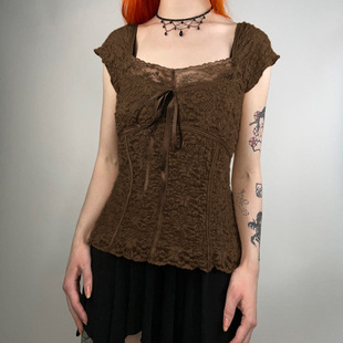 Neck Sleeve V领系带木耳边短袖 Top Short 上衣 Ruffle 夏季 Tie