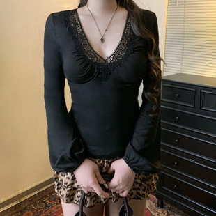 Lace Patchwork Sleeve T恤 Tee Long Black Crop 黑蕾丝修身 Slim