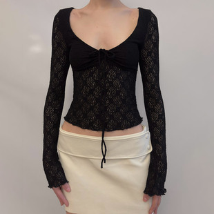Black Lace Sleeve T恤 Tee Long French Neck 黑色蕾丝V领长袖