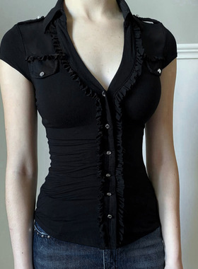 美式辣妹黑色排扣荷叶边POLO领T恤 Black Button Ruffle Polo Tee