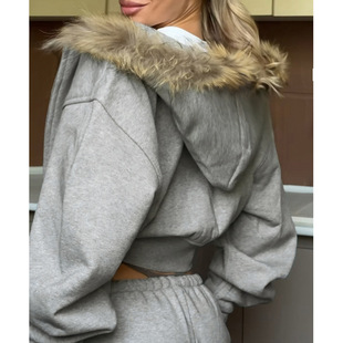 宽松秋冬毛领连帽拉链卫衣 Zip Faux Hooded Sweatshirt Fur 美式