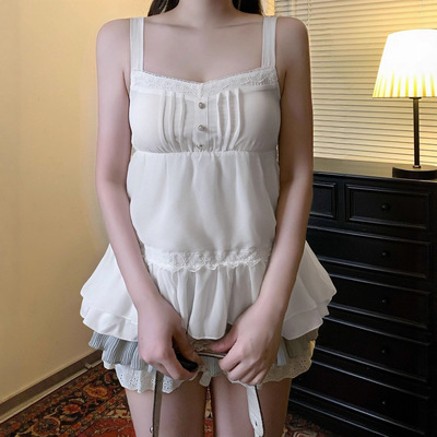 纯欲甜美风法式白色蕾丝拼接吊带