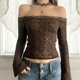 Off Brown Shoulder Flare Top 棕色一字肩喇叭袖 Lace 蕾丝上衣