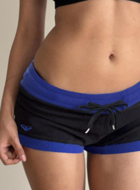 Base casual pants with belt美式辣妹风复古拼接撞色针织短裤女