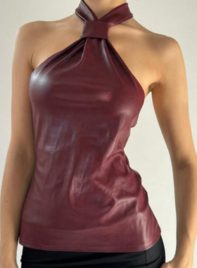 机车辣妹红色皮革蝴蝶结挂脖背心 Red Leather Bow Halter Cami