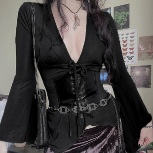 Black Sleeve 暗黑V领系带长袖 Tee Long T恤 Tie 秋季 Neck