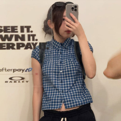 美式辣妹风蓝色格子拼接泡泡袖T