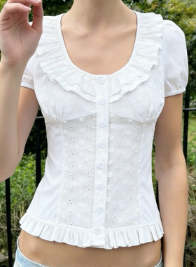 American college girl slim fit top夏季bm风白色褶皱木耳边短袖