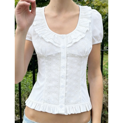 夏季bm风白色褶皱设计感木耳边收