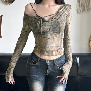 Mesh Shoulder Print Long Tee 一字肩网纱印花长袖 Sleeve T恤Off