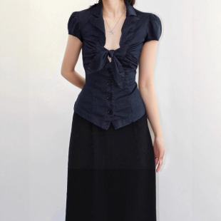 Bow Tie Bubble 蝴蝶结系带泡泡袖 Crop 衬衫 Sleeve Shirt 短款