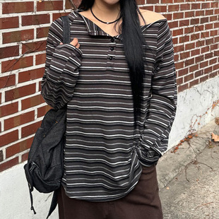 Off Stripe Shoulder Round Tee 复古露肩圆领T恤 Neck Vintage