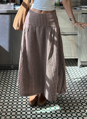 Summer casual gingham skirt夏季美式复古格纹撞色显瘦半身裙女