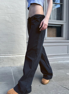 Belted straight-leg work pants美式辣妹风低腰系带直筒工装裤女