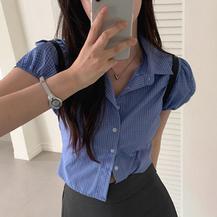 Blue 衬衫 Plaid Bubble Shirt 美式 Sleeve BM风蓝色格子泡泡袖