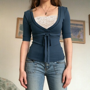 Solid Color Casual T-Shirt欧美辣妹风蕾丝拼接系带假两件上衣女