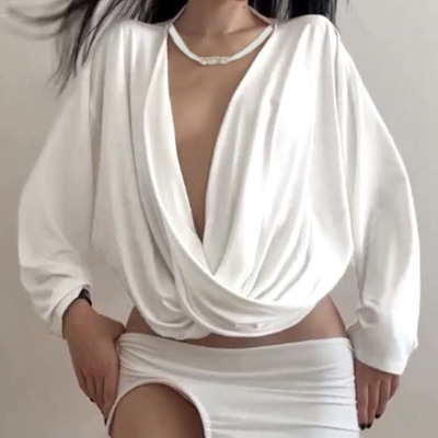 跨境基础纯色交叉荡领宽松休闲上