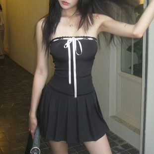 撞色蝴蝶结一字领裙French Shoulder Contrast Off Dress Bow 法式