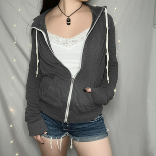 Zip 初秋灰色修身 Hooded Gray Sweatshirt 辣妹连帽拉链卫衣