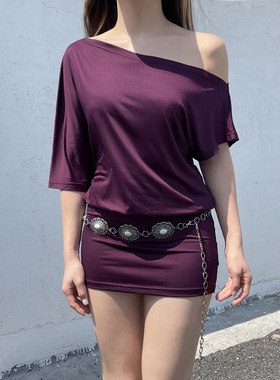 紫色蝙蝠袖两穿露肩裙 Purple Batwing Off Shoulder Dress