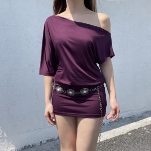 两穿露肩裙 Shoulder Purple Off Dress Batwing 紫色蝙蝠袖