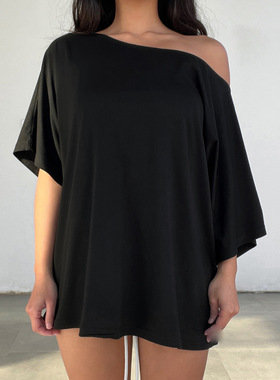 Niche design two-piece casual top欧美春夏新品条纹斜肩短袖T恤