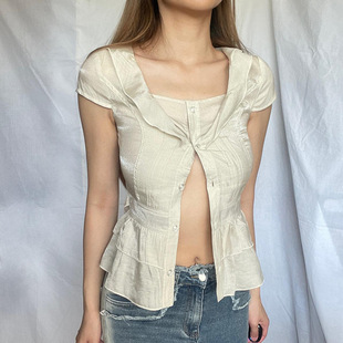 French Button Sleeve 排扣V领短袖 Shirt Short 衬衫 Neck 法式