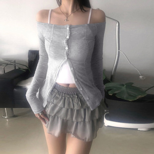 Off Lace Shoulder Button Tee 蕾丝一字领显瘦排扣长袖 Long T恤