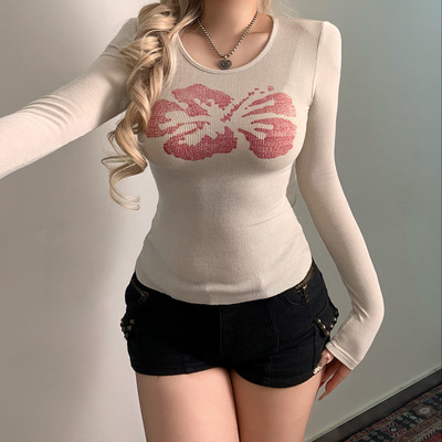 欧美辣妹风花卉印花修身打底衫休