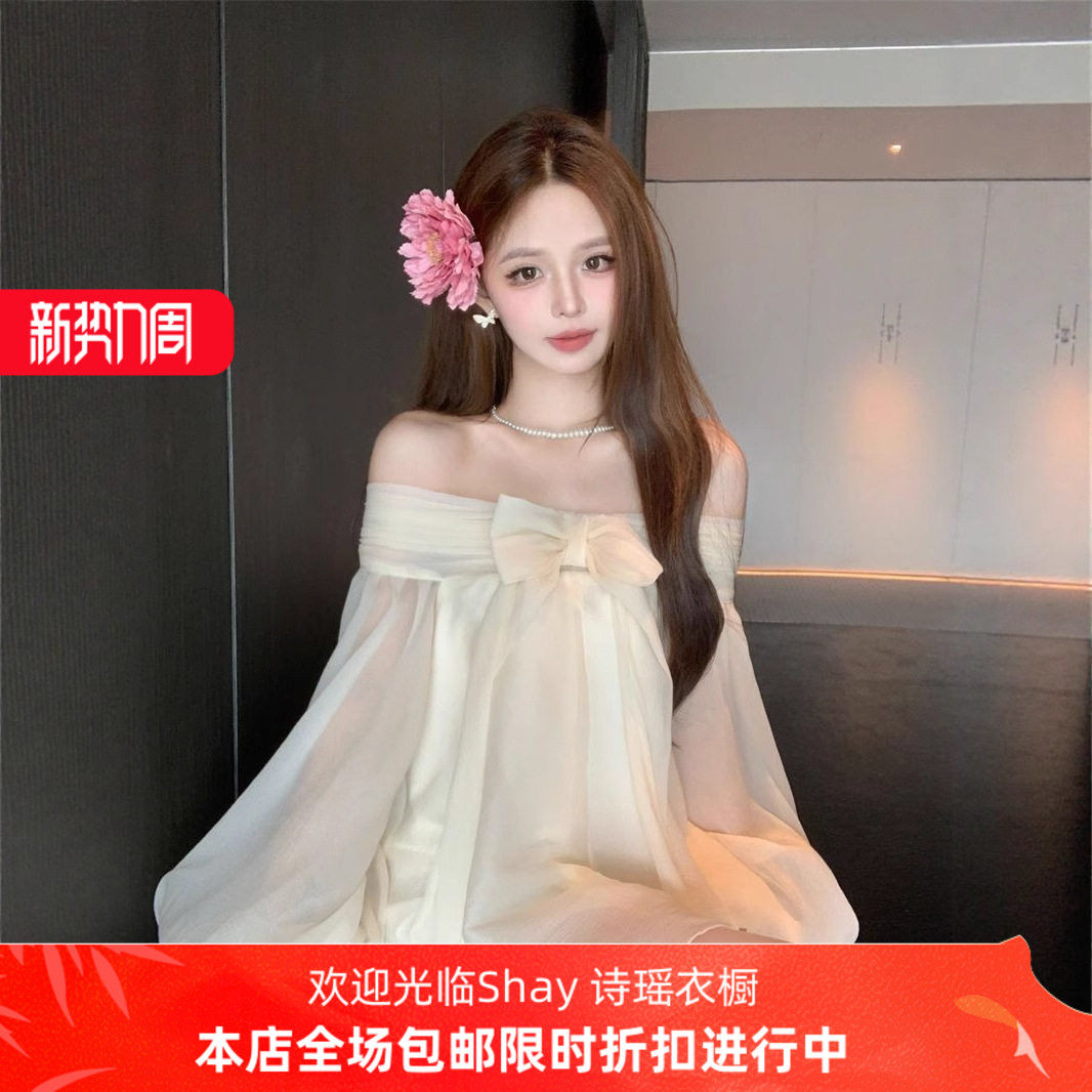 温柔风法式蝴蝶结一字肩雪纺连衣裙夏季新款气质减龄宽松显瘦短裙